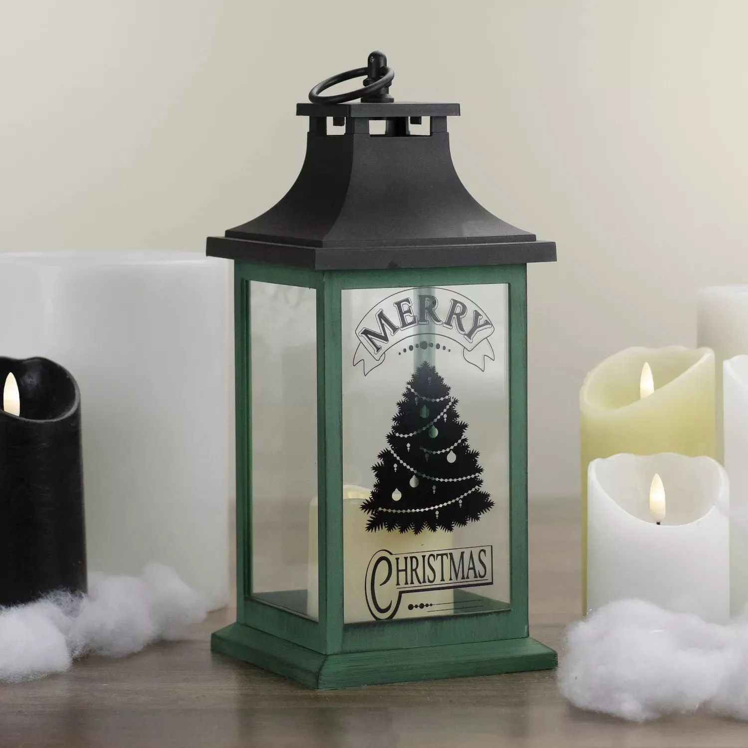 12" Green and Black LED Candle with Christmas Tree Table Light