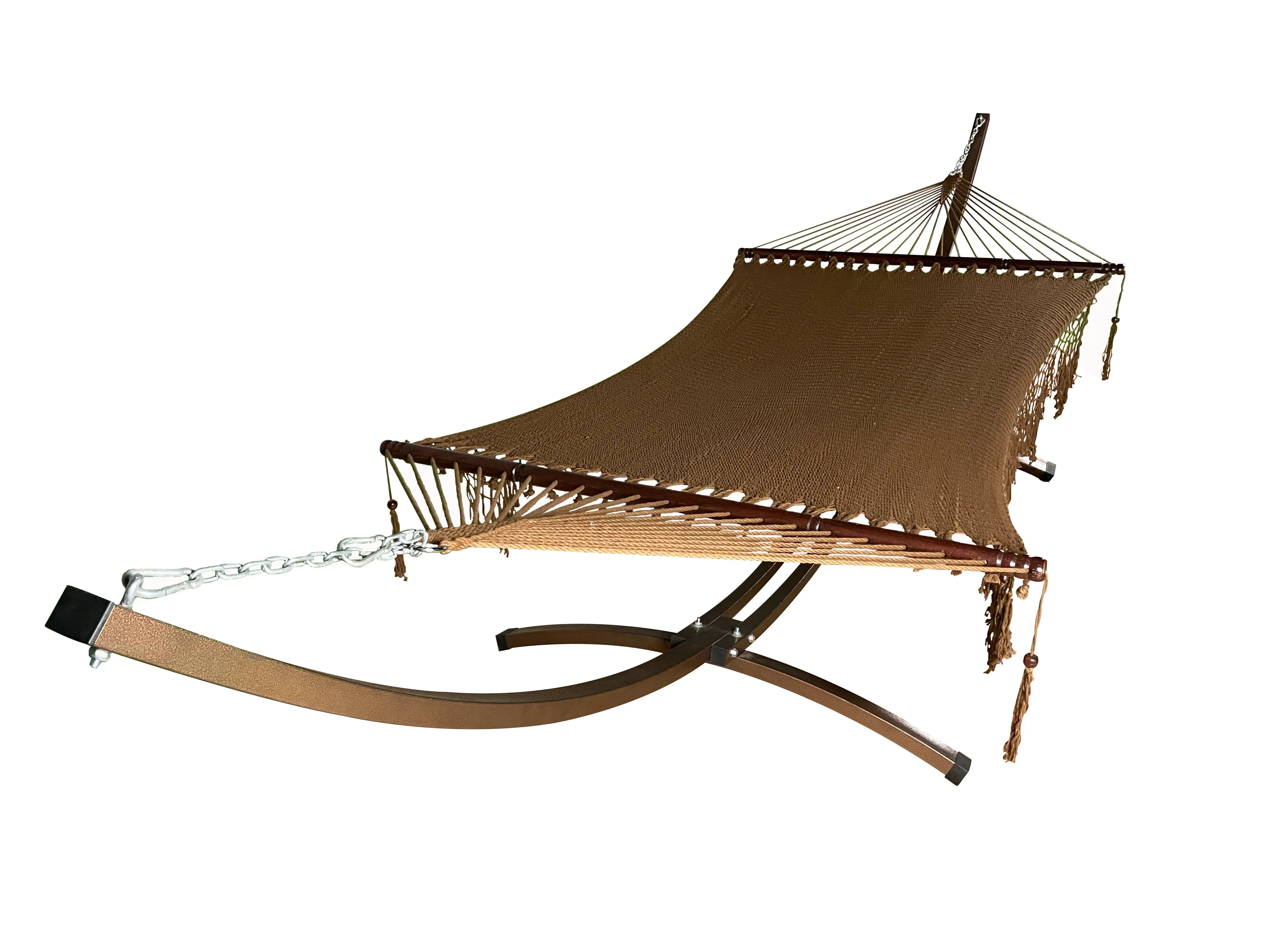 15 Ft. Indoor/Outdoor Bronze Steel Arc Hammock Stand & Hand Woven Bohemian Chic Rope Hammock Bed.