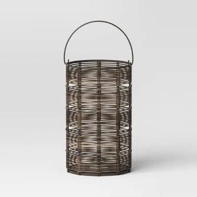 16" Metal and Wicker Woven Large Round Battery LED Outdoor Lantern Assorted Grays - Threshold