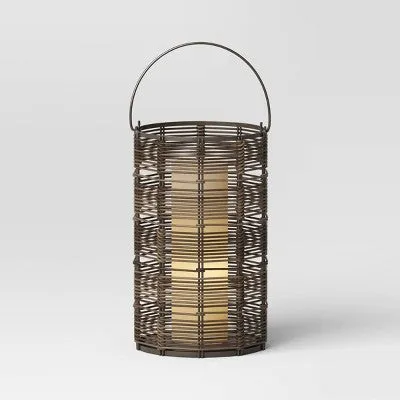 16" Metal and Wicker Woven Large Round Battery LED Outdoor Lantern Assorted Grays - Threshold