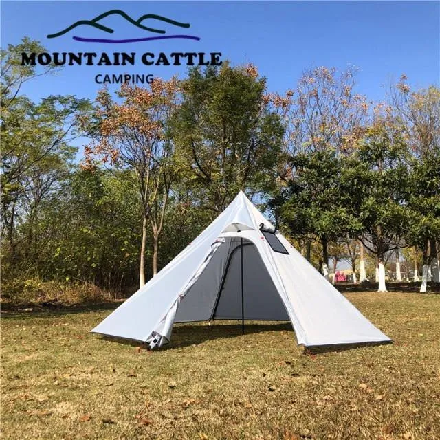 3-4 Person Ultralight Pyramidal Big Camping Tent with Chimney Hole Awnings