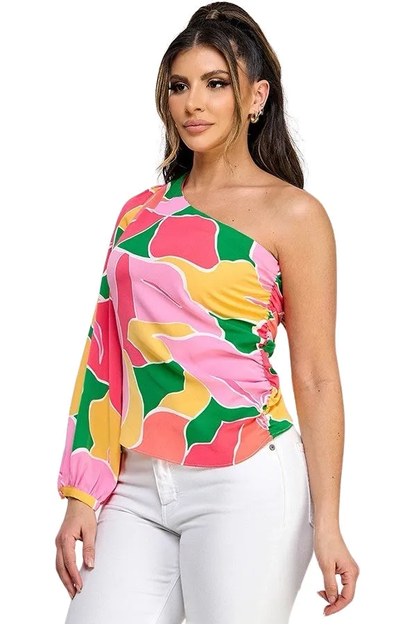 Abstract Floral One Shoulder Top