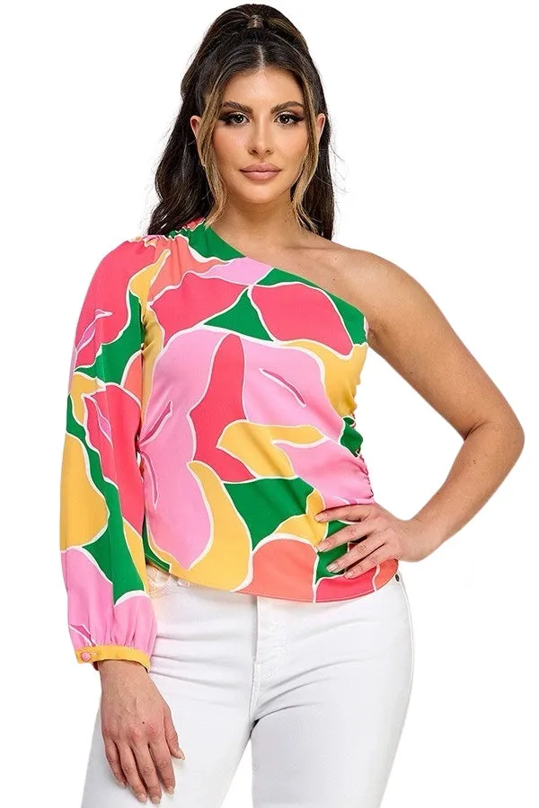 Abstract Floral One Shoulder Top