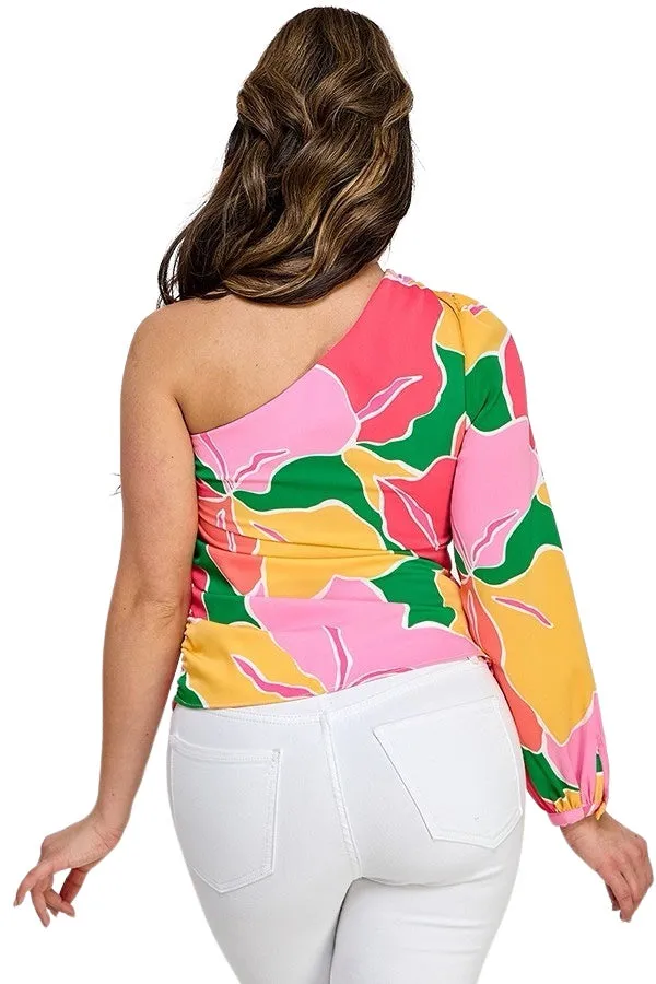 Abstract Floral One Shoulder Top