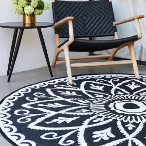 Benaras Black and White Floral Reversible Large Outdoor Rug