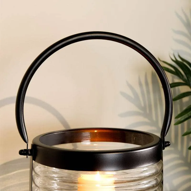 Black Stainless Steel & Ribbed Glass Lantern - 23cm