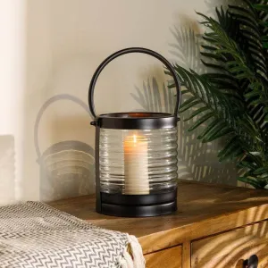 Black Stainless Steel & Ribbed Glass Lantern - 23cm