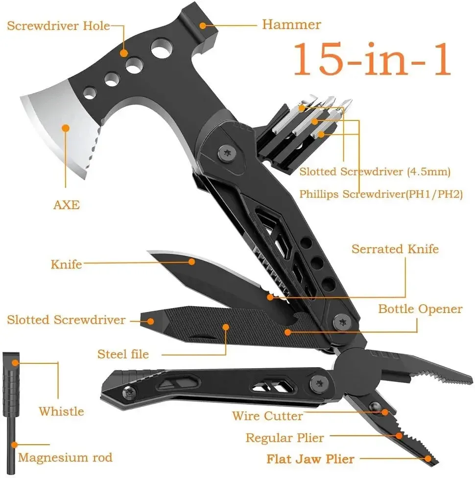 Camping 15-In-1 Pocket Multitool With Knife Axe Hammer Plier Bottle Opener Multi-Tool Survival Kit for Fishing Hunting Hiking