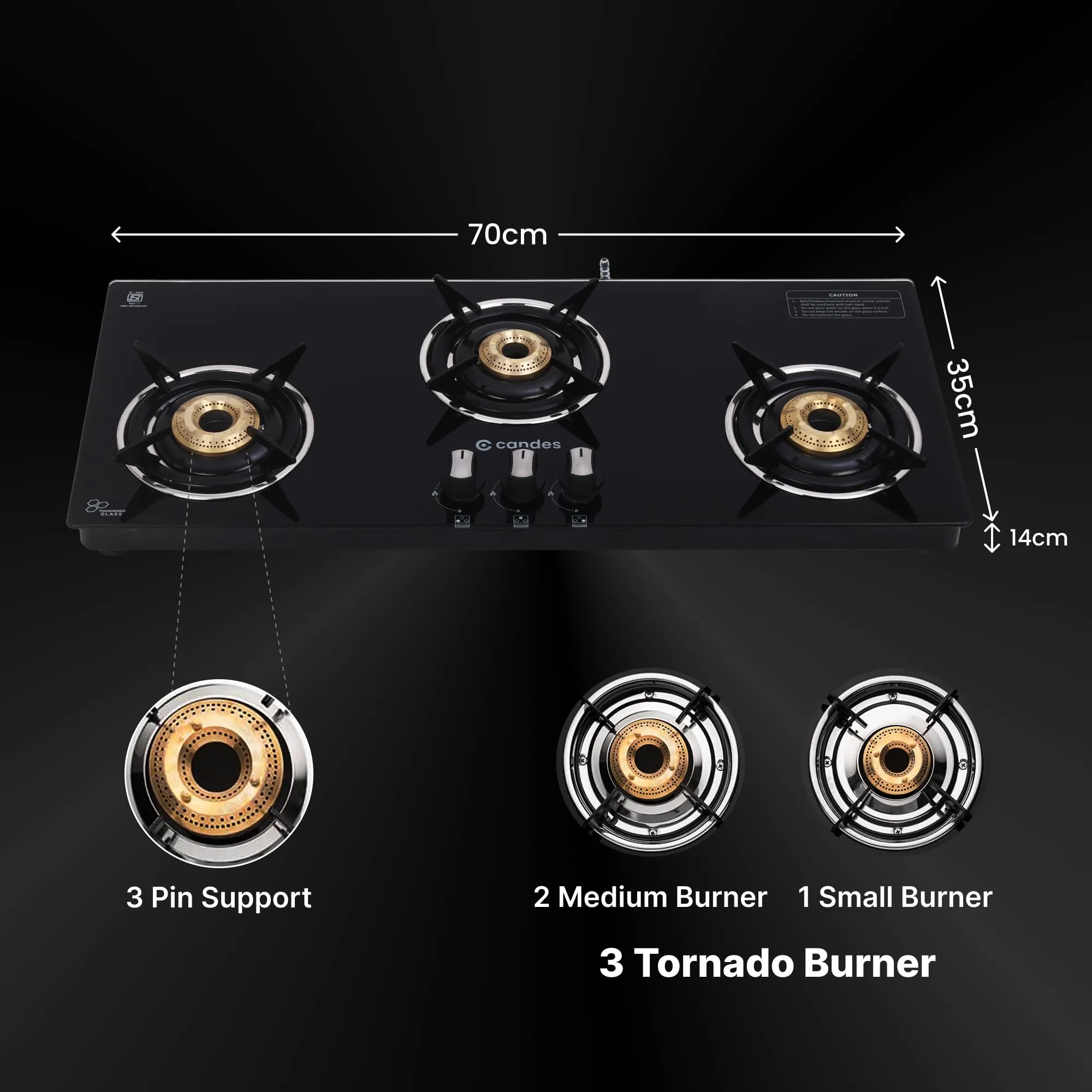 Candes Gas Hob 3 Burners Manual Ignition | 3 Burner Gas Stove with Premium Gas Saver Tornado Burners | 6mm Toughened Glass Gas Chulha 3 Burner | LPG Compatible | ISI Certified | 1 Yr Warranty