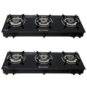 Candes Glass Automatic Gas Stove 3 Burners With Premium Die Cast Alloy | Pack Of 2 | Tornado Burner | 6 mm Toughened Glass Top | Nylon Knob | LPG Compatible | ISI Certified | 1 Yr Warranty | Black