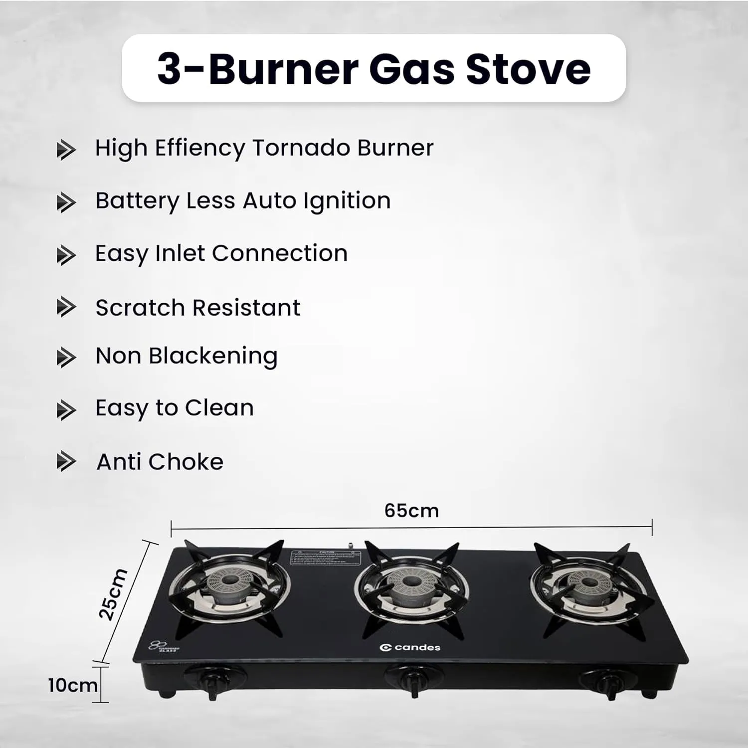 Candes Glass Automatic Gas Stove 3 Burners With Premium Die Cast Alloy | Pack Of 2 | Tornado Burner | 6 mm Toughened Glass Top | Nylon Knob | LPG Compatible | ISI Certified | 1 Yr Warranty | Black