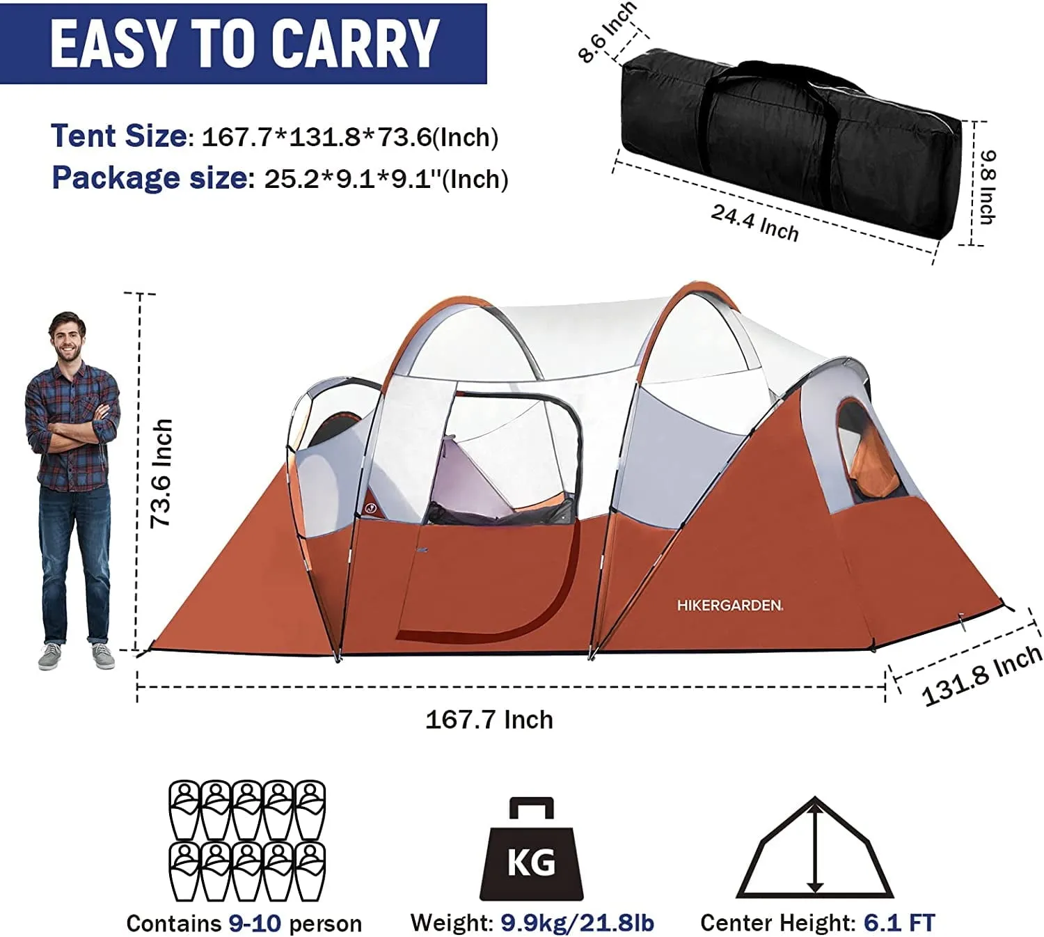 classic 10 Person Camping Tent - Portable Easy Set Up Family Tent for Camp, Windproof Fabric Dome Tent Outdoor for Hiking, Backpacking, Traveling-14'x11'x74in(H)