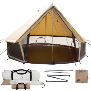 cozy Regatta Canvas Bell Tent, 360 Mesh, Sandstone Beige, 13', Water Repellent Glamping Yurt