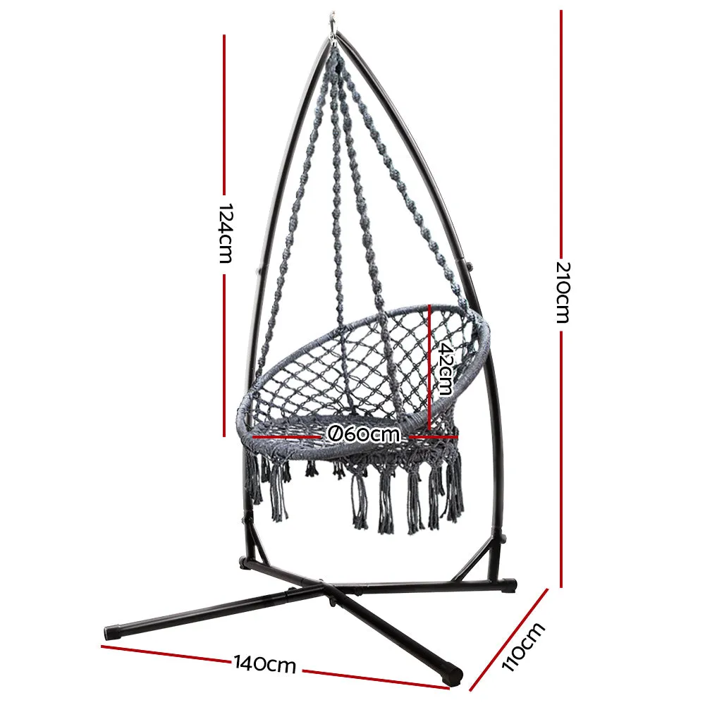 Durable Macrame Hammock Chair Set With Stand, Grey - Gardeon