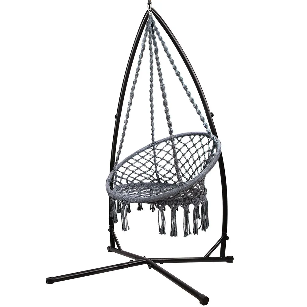 Durable Macrame Hammock Chair Set With Stand, Grey - Gardeon