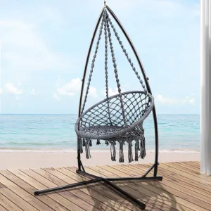 Durable Macrame Hammock Chair Set With Stand, Grey - Gardeon