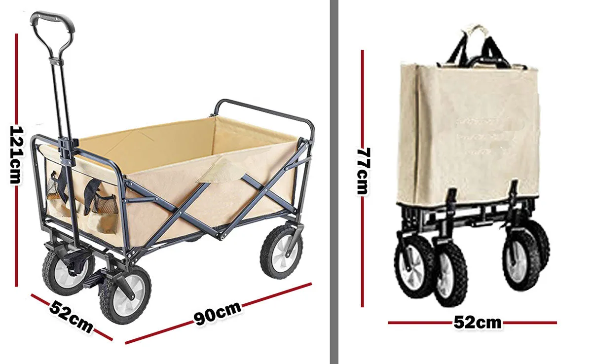 Foldable Collapsible Wagon Cart Garden Beach Outdoor Shopping Trolley Camping Brake - Beige