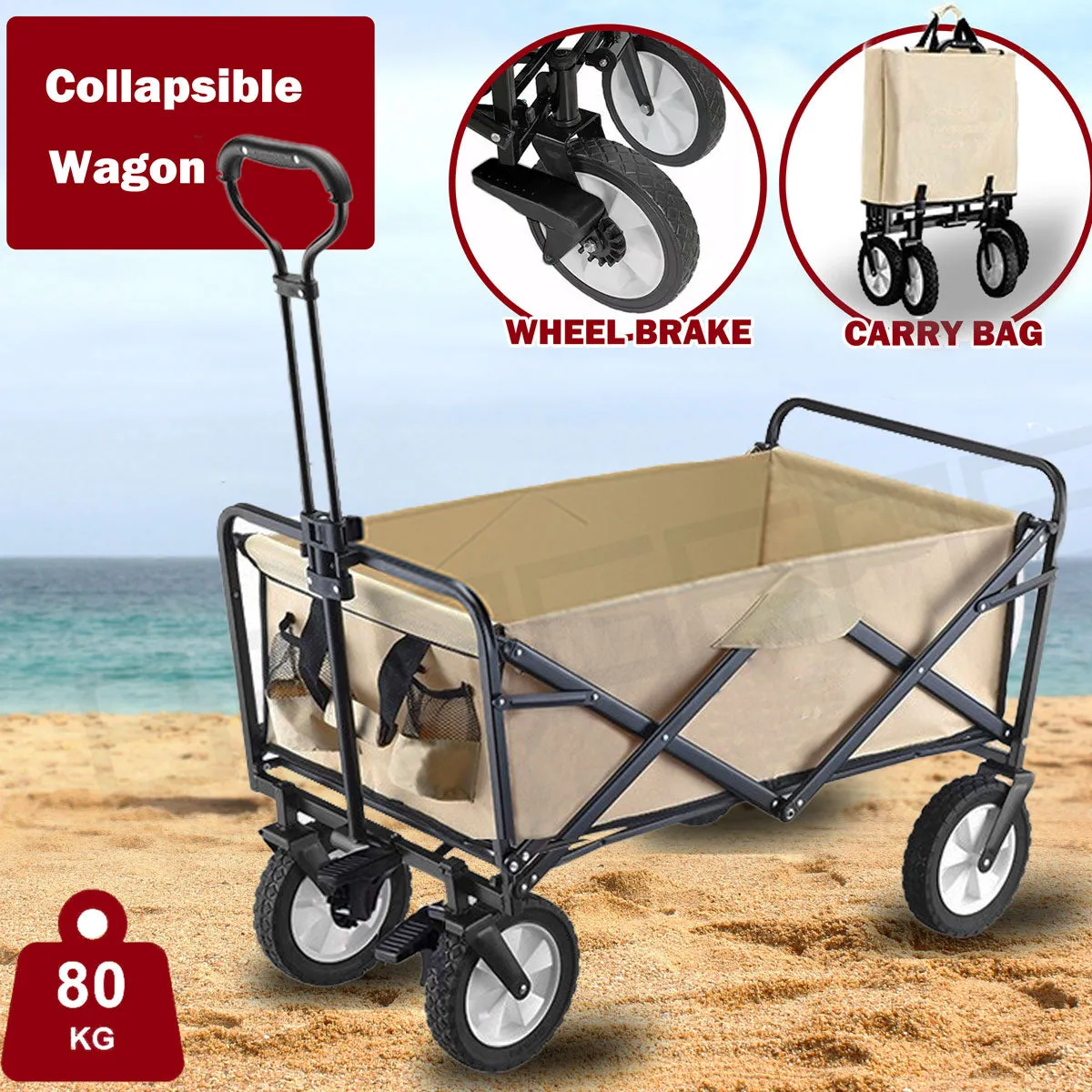 Foldable Collapsible Wagon Cart Garden Beach Outdoor Shopping Trolley Camping Brake - Beige