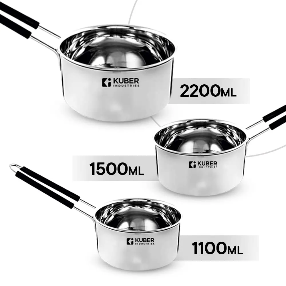 Kuber Industries 2 Burners Gas Stove & 3 Pc Stainless Steel Saucepan Set | Saucepan Set (1100 ml,1500 ml & 2200 ml)| Gas Stove with Glass Top, Manual Ignition & Cast Iron Burner