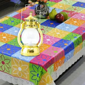 Kuber LED Lantern Lamp and Table Cover | Lamp: Battey Operated, Flameless Yellow Light, Color- Gold | Table: Multicolor, PVC