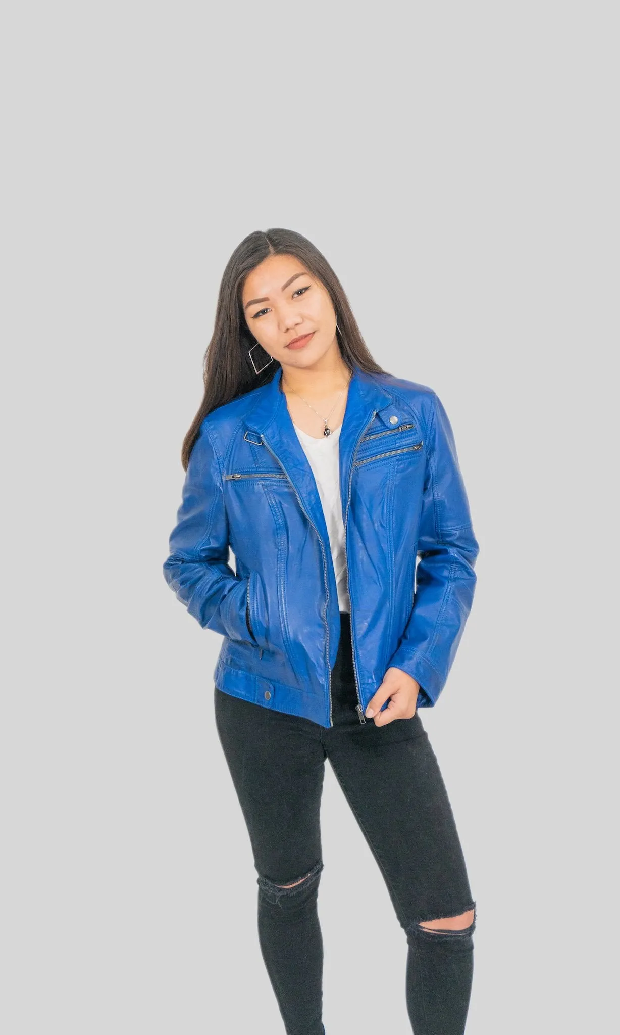 Ladies Elektra Washed Leather Jacket Spring Blue