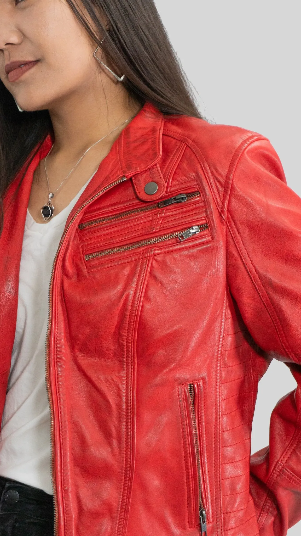 Ladies Elektra Washed Leather Jacket Spring Red