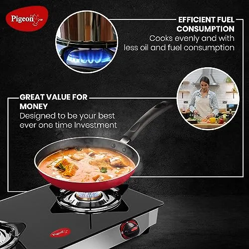 Pigeon by Stovekraft 2 Burner Glass Cook Top Gas Stove (Manual Ignition), Tawa with Stainless Steel Body and Nonstick Fry Pan Cookware Combo (Black, 240mm, 250mm, 14722)