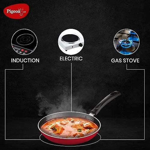 Pigeon by Stovekraft 2 Burner Glass Cook Top Gas Stove (Manual Ignition), Tawa with Stainless Steel Body and Nonstick Fry Pan Cookware Combo (Black, 240mm, 250mm, 14722)