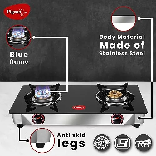 Pigeon by Stovekraft 2 Burner Glass Cook Top Gas Stove (Manual Ignition), Tawa with Stainless Steel Body and Nonstick Fry Pan Cookware Combo (Black, 240mm, 250mm, 14722)