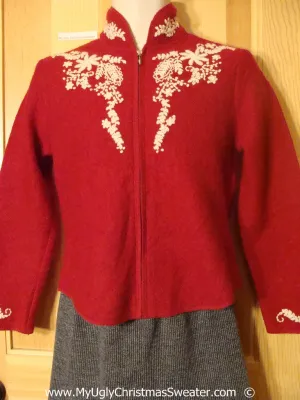 Red Wool Christmas Nordic Jacket with Tree on Back (f1378)