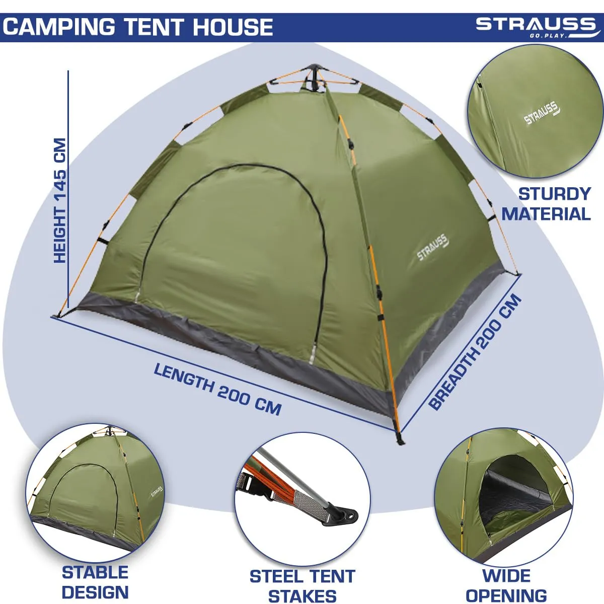 STRAUSS Automatic Portable Tent for Camping|5-10 Minutes Easy Setup|Ideal for Picnic,Hiking,Trekking,Outdoor Tent for Travel|Waterproof and Windproof Tent for Camping|Superior Air Ventilation|(Green)