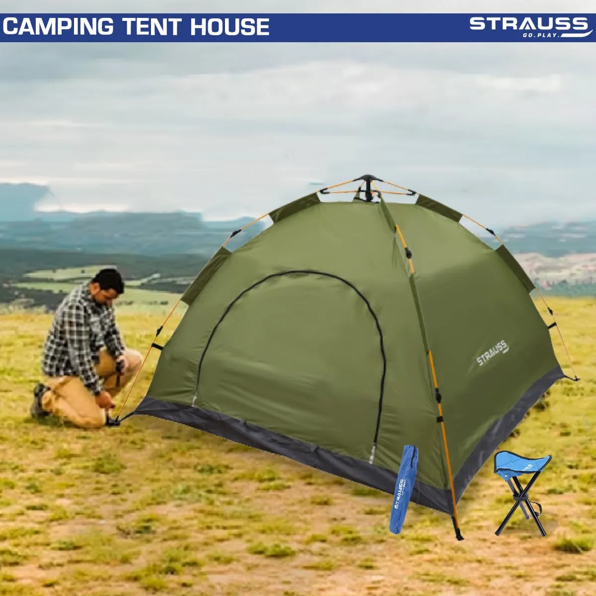 STRAUSS Automatic Portable Tent for Camping|5-10 Minutes Easy Setup|Ideal for Picnic,Hiking,Trekking,Outdoor Tent for Travel|Waterproof and Windproof Tent for Camping|Superior Air Ventilation|(Green)