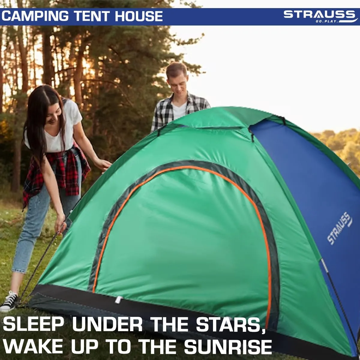 STRAUSS Portable Tent for Camping |5-10 Minutes Easy Setup | Ideal for Picnic, Hiking, Trekking|Waterproof and Windproof Tent for Camping |Superior Air Ventilation |Ideal for 2 Persons,(Blue/Green)