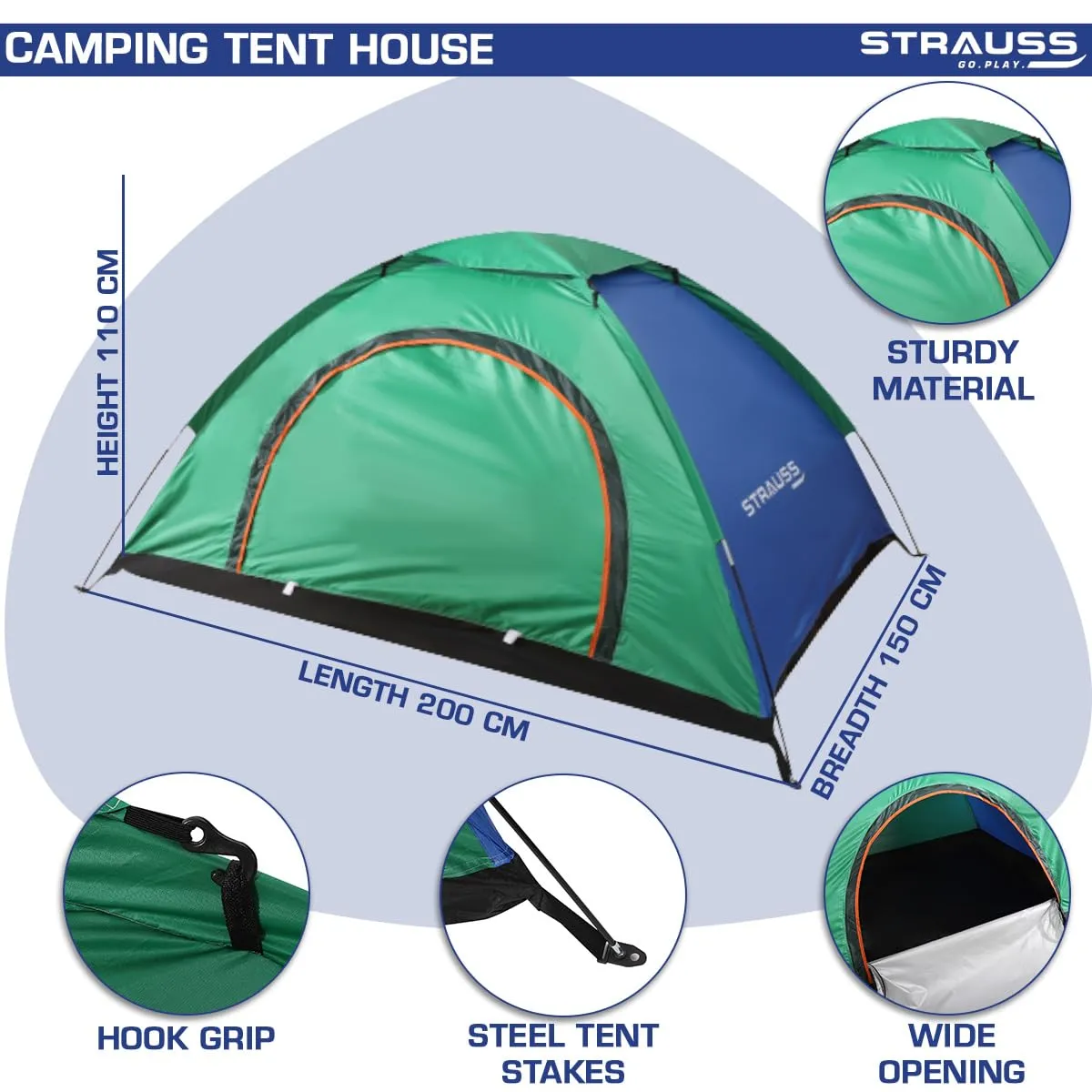 STRAUSS Portable Tent for Camping |5-10 Minutes Easy Setup | Ideal for Picnic, Hiking, Trekking|Waterproof and Windproof Tent for Camping |Superior Air Ventilation |Ideal for 2 Persons,(Blue/Green)