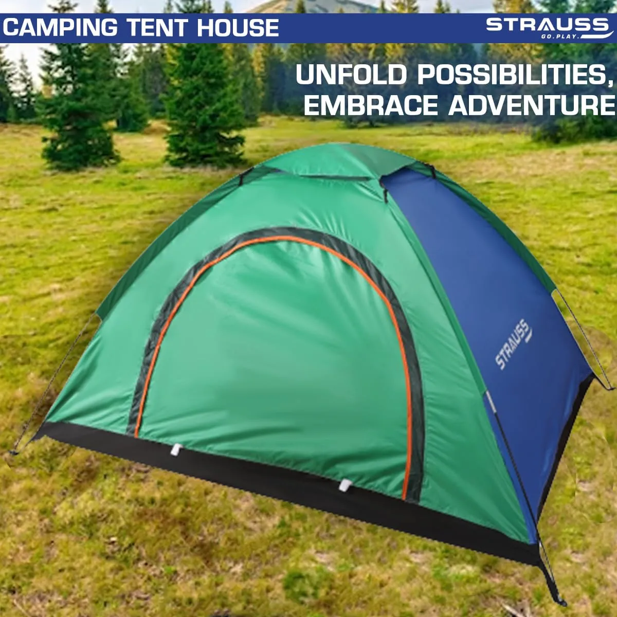 STRAUSS Portable Tent for Camping |5-10 Minutes Easy Setup | Ideal for Picnic, Hiking, Trekking|Waterproof and Windproof Tent for Camping |Superior Air Ventilation |Ideal for 2 Persons,(Blue/Green)