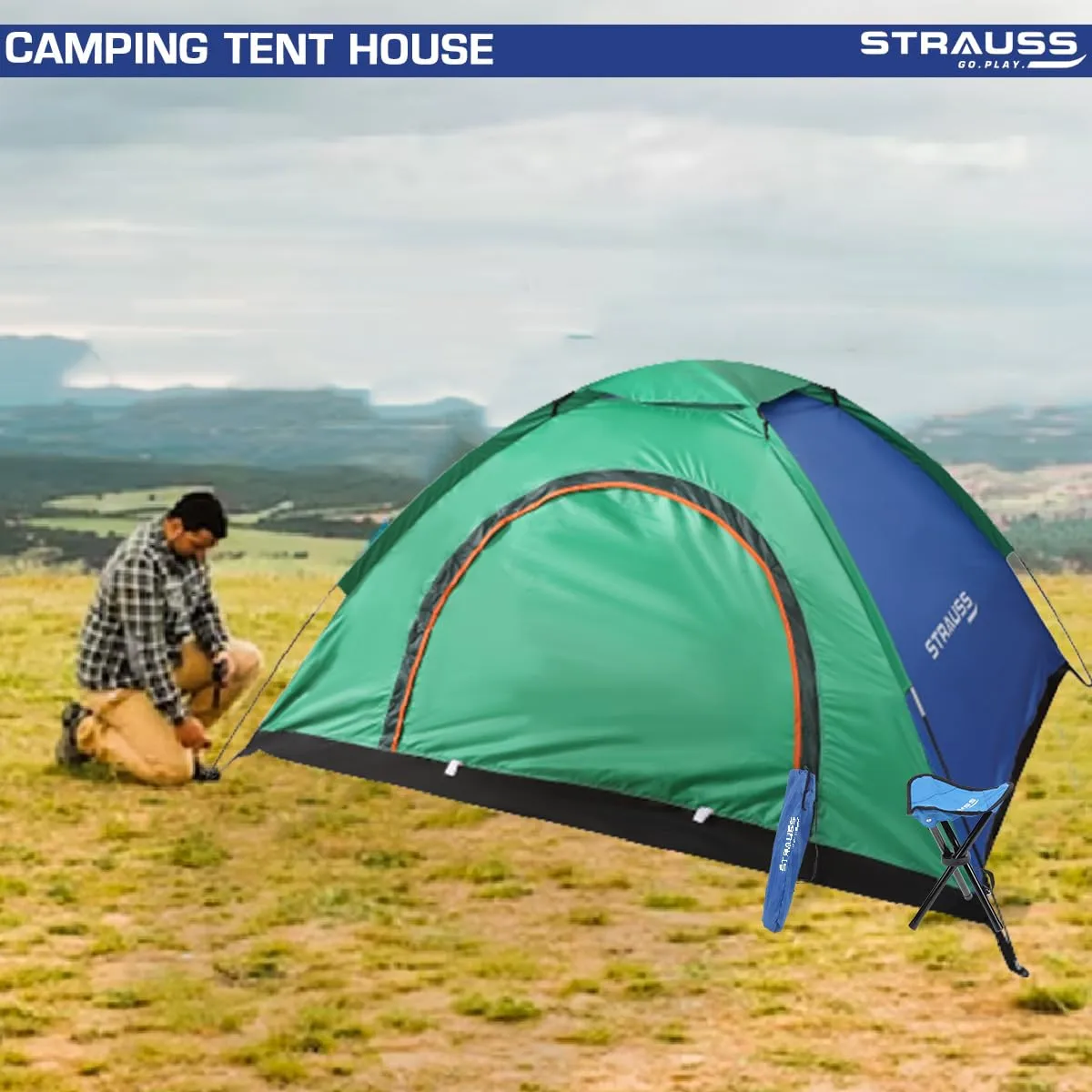 STRAUSS Portable Tent for Camping |5-10 Minutes Easy Setup | Ideal for Picnic, Hiking, Trekking|Waterproof and Windproof Tent for Camping |Superior Air Ventilation |Ideal for 2 Persons,(Blue/Green)