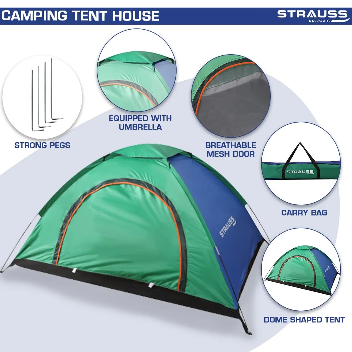 STRAUSS Portable Tent for Camping |5-10 Minutes Easy Setup | Ideal for Picnic, Hiking, Trekking|Waterproof and Windproof Tent for Camping |Superior Air Ventilation |Ideal for 2 Persons,(Blue/Green)