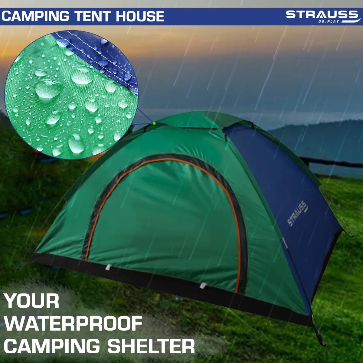 STRAUSS Portable Tent for Camping |5-10 Minutes Easy Setup | Ideal for Picnic, Hiking, Trekking|Waterproof and Windproof Tent for Camping |Superior Air Ventilation |Ideal for 2 Persons,(Blue/Green)