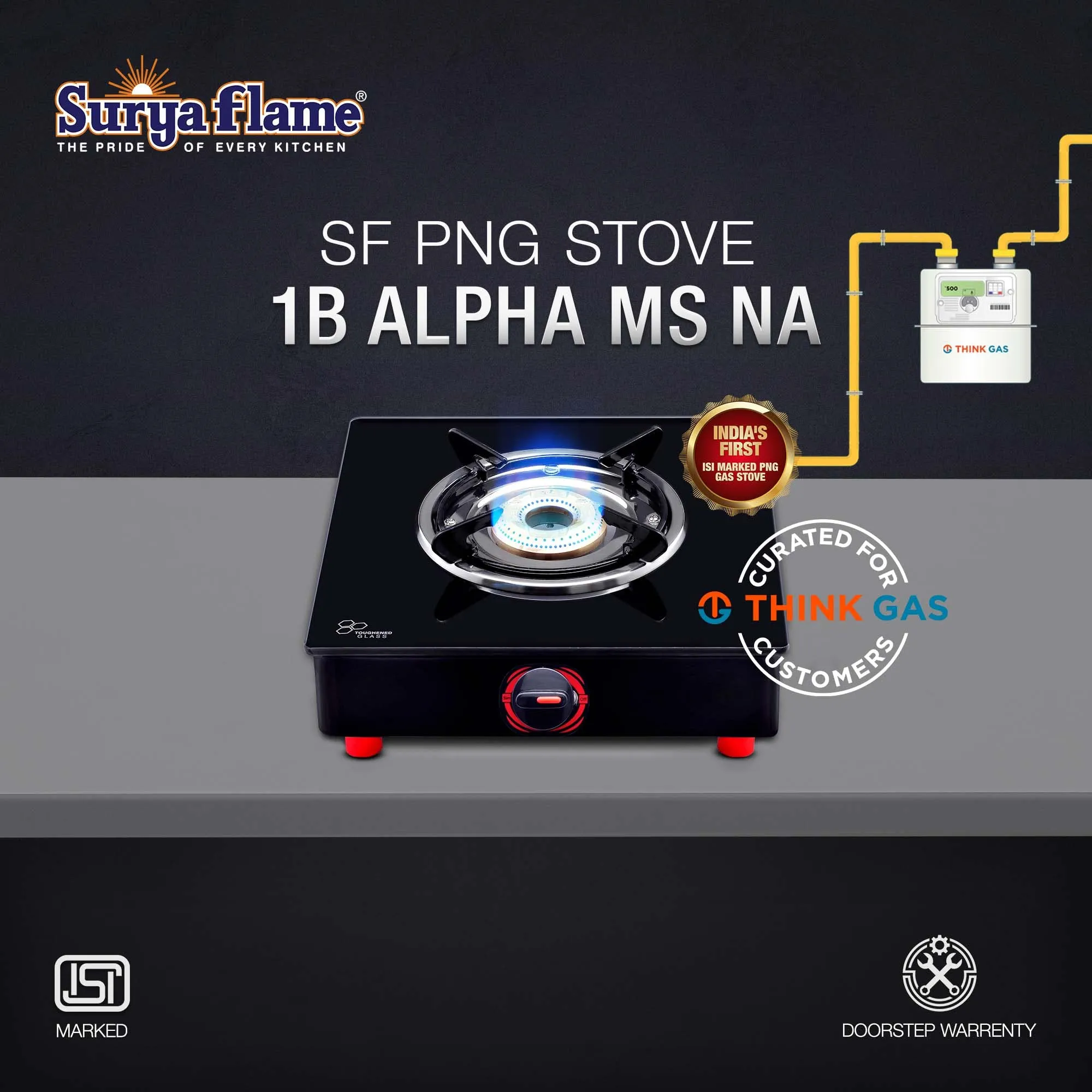 Surya Flame Alpha Gas Stove 1 Burner Glass Top | India's First ISI Certifed Black Body PNG Stove | Direct Use For Pipeline Gas - 2 Years Complete Doorstep Warranty