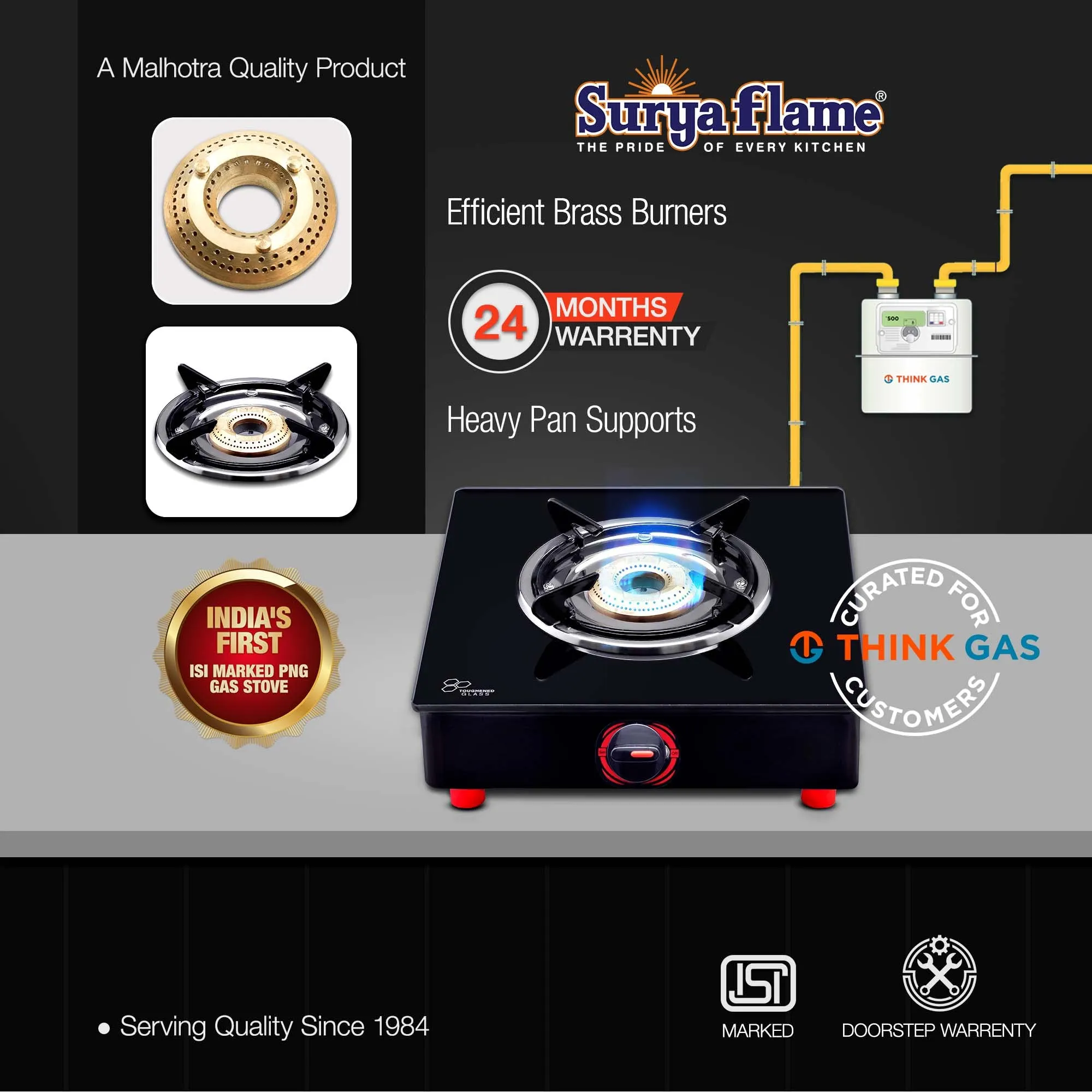 Surya Flame Alpha Gas Stove 1 Burner Glass Top | India's First ISI Certifed Black Body PNG Stove | Direct Use For Pipeline Gas - 2 Years Complete Doorstep Warranty