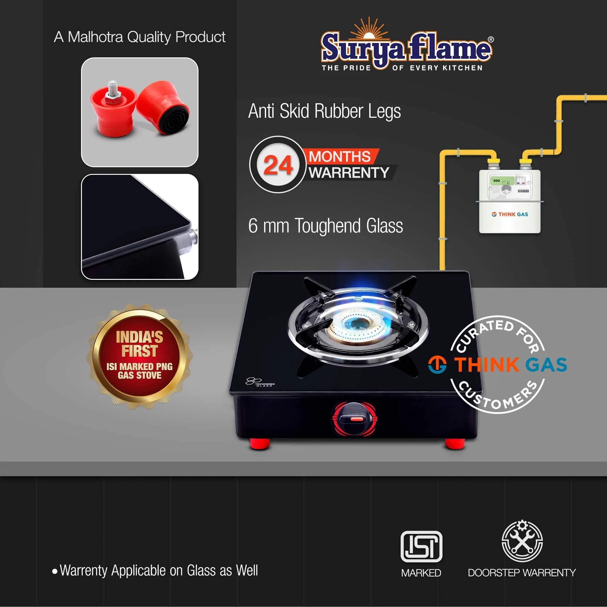 Surya Flame Alpha Gas Stove 1 Burner Glass Top | India's First ISI Certifed Black Body PNG Stove | Direct Use For Pipeline Gas - 2 Years Complete Doorstep Warranty