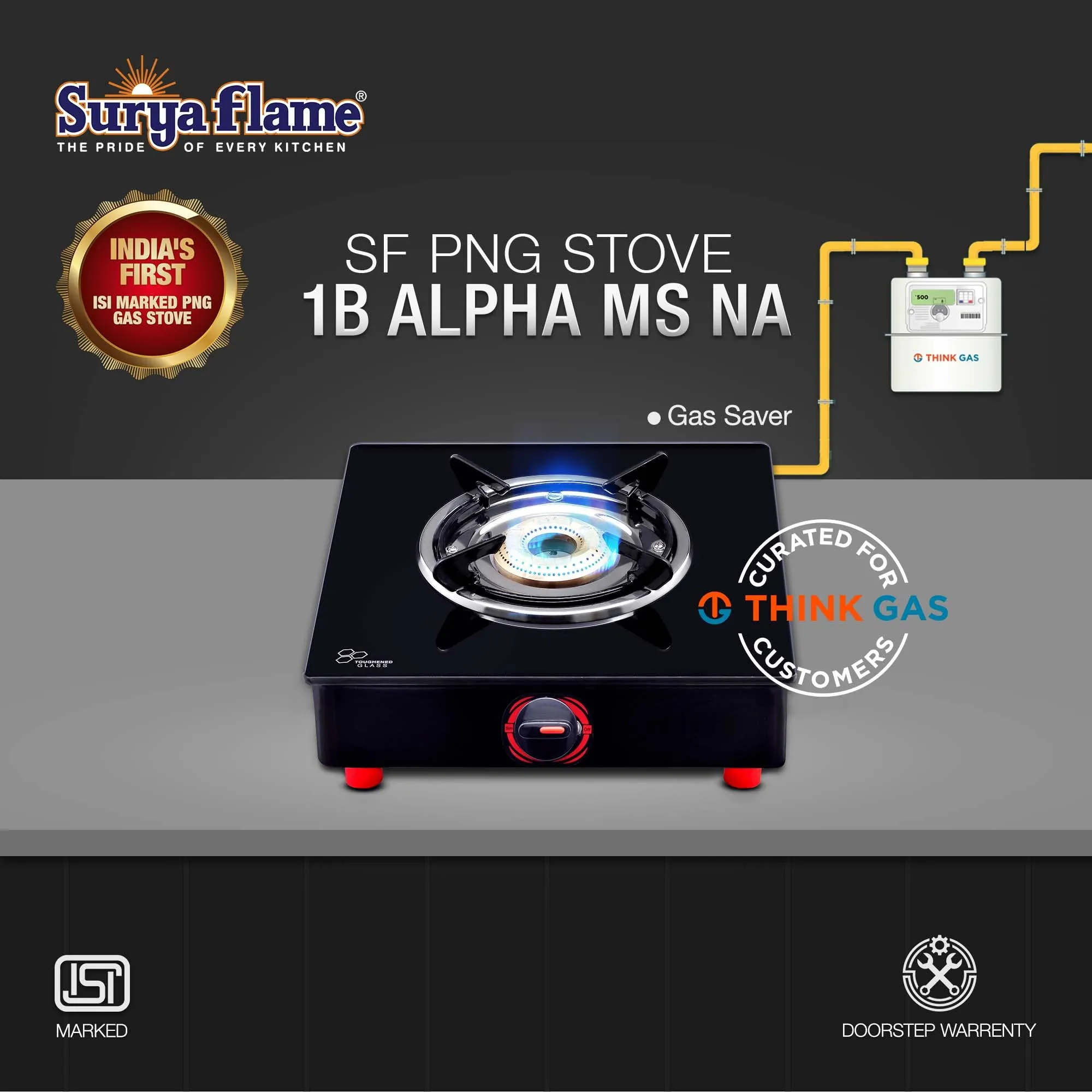 Surya Flame Alpha Gas Stove 1 Burner Glass Top | India's First ISI Certifed Black Body PNG Stove | Direct Use For Pipeline Gas - 2 Years Complete Doorstep Warranty