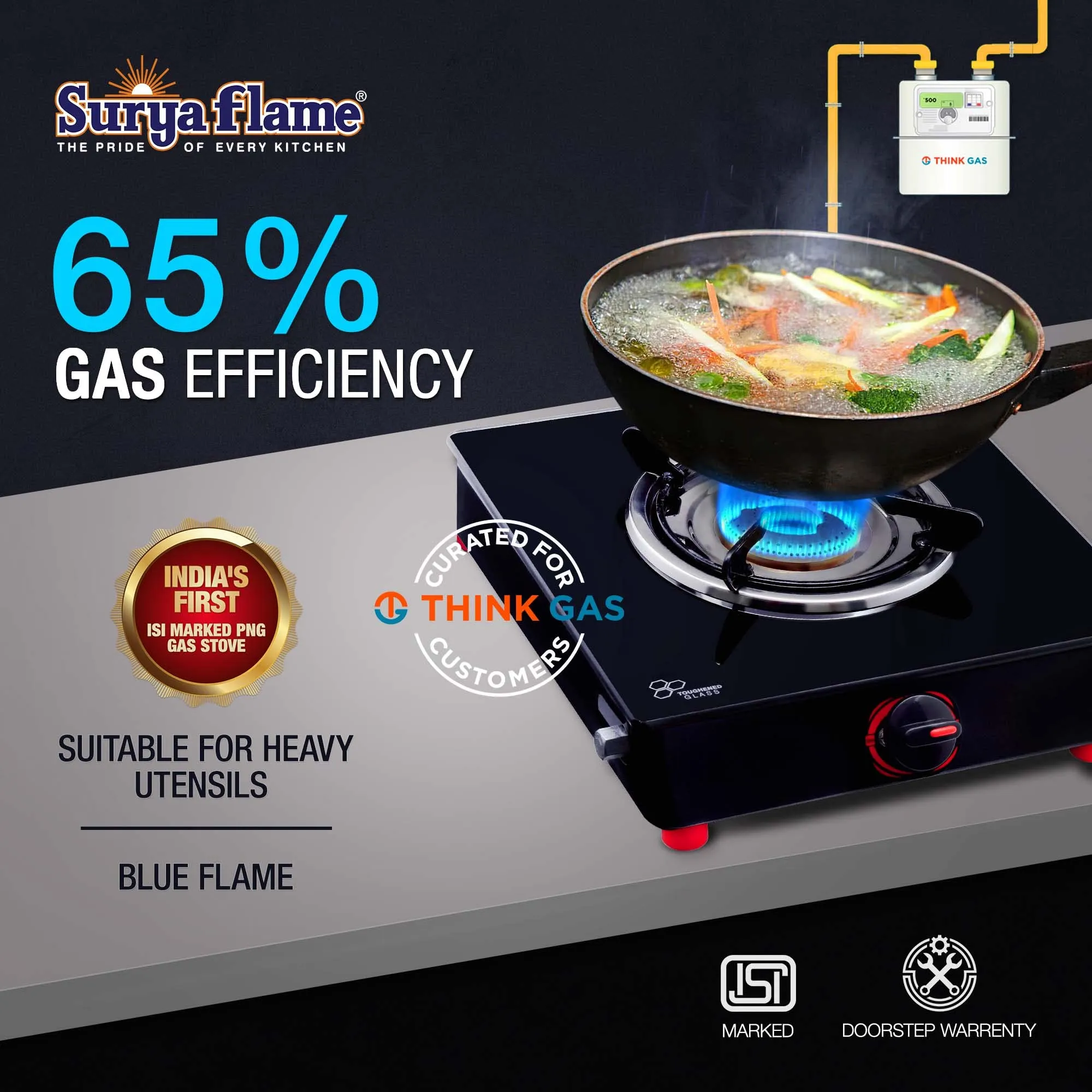 Surya Flame Alpha Gas Stove 1 Burner Glass Top | India's First ISI Certifed Black Body PNG Stove | Direct Use For Pipeline Gas - 2 Years Complete Doorstep Warranty