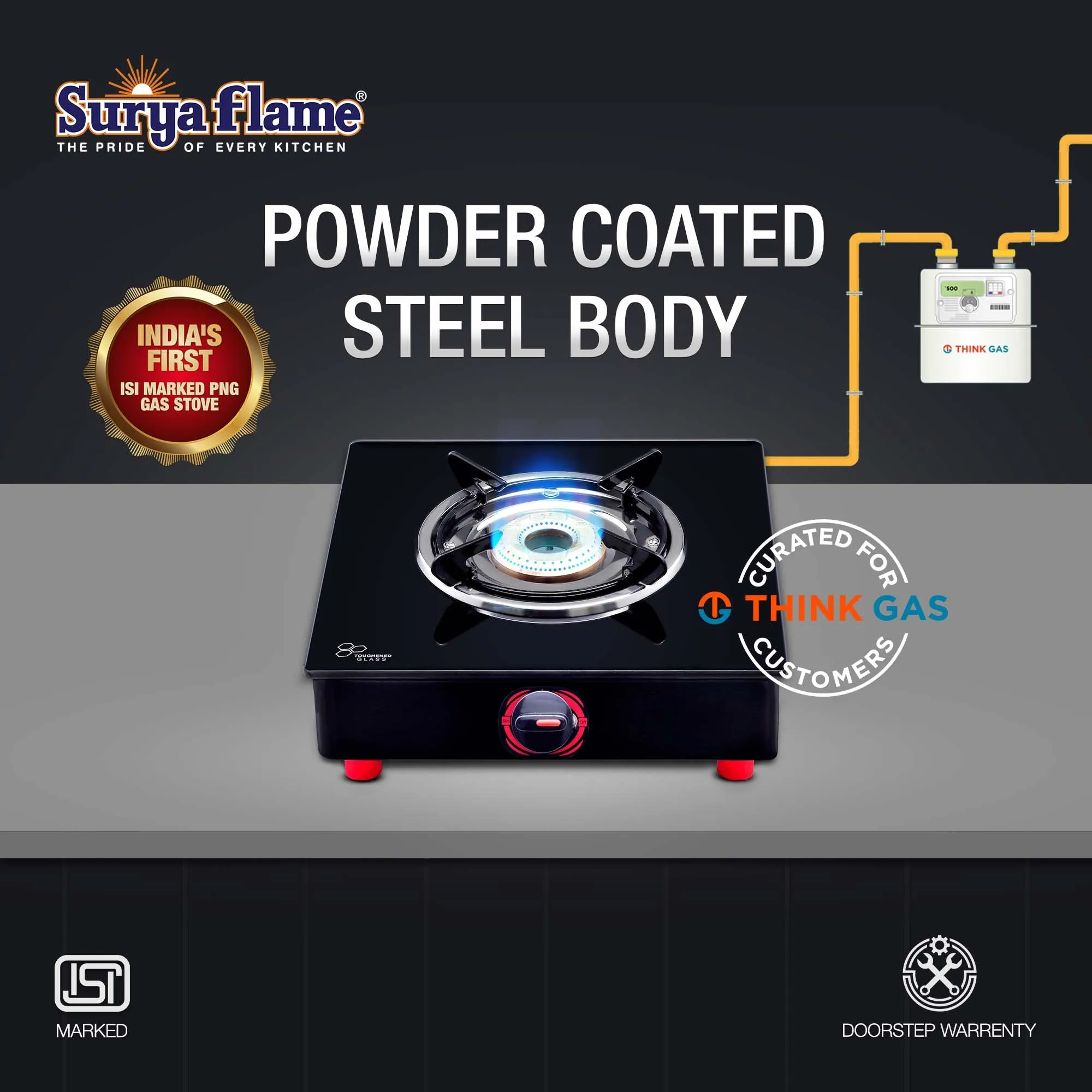 Surya Flame Alpha Gas Stove 1 Burner Glass Top | India's First ISI Certifed Black Body PNG Stove | Direct Use For Pipeline Gas - 2 Years Complete Doorstep Warranty