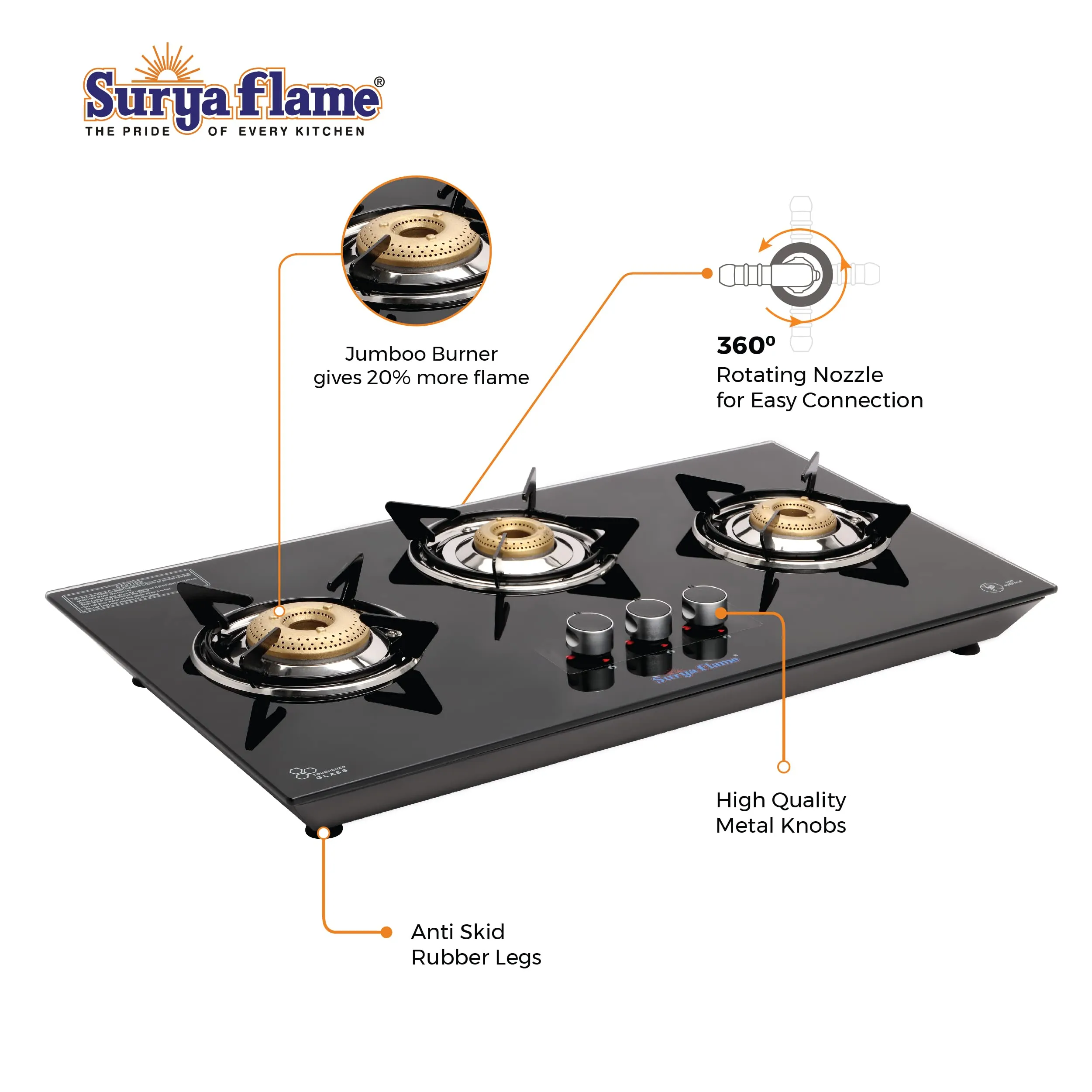 Surya Flame Apollo Round Hob Top 3 Burners Manual Glass Stove | LPG Gas Dual Layer Rubber Hose Pipe 1.5M | Elegant Gas Stove Lighter With Knife, Peeler Knife and Shredder (Pack of 4)