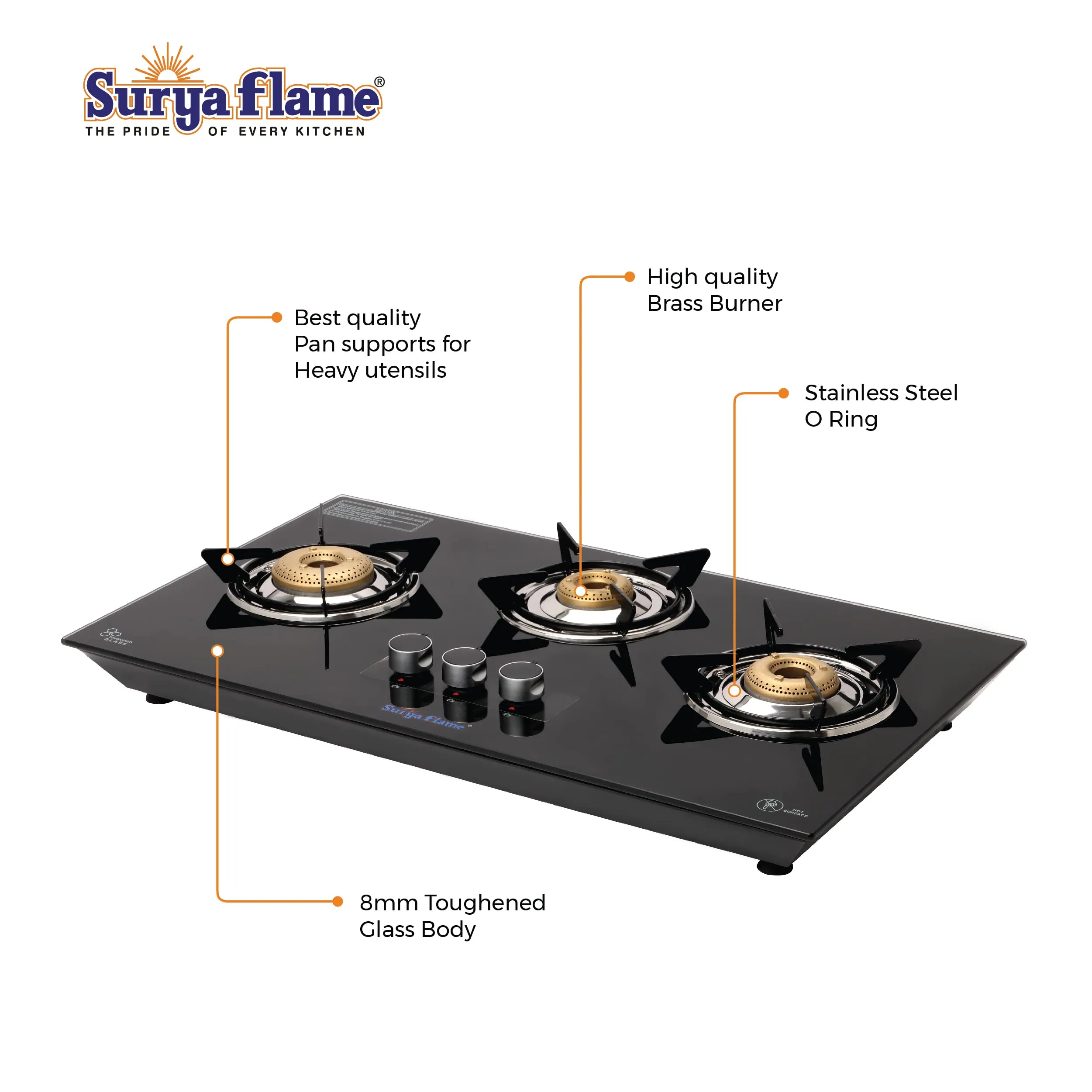 Surya Flame Apollo Round Hob Top 3 Burners Manual Glass Stove | LPG Gas Dual Layer Rubber Hose Pipe 1.5M | Elegant Gas Stove Lighter With Knife, Peeler Knife and Shredder (Pack of 4)