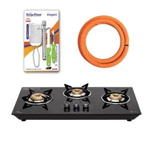 Surya Flame Apollo Round Hob Top 3 Burners Manual Glass Stove | LPG Gas Dual Layer Rubber Hose Pipe 1.5M | Elegant Gas Stove Lighter With Knife, Peeler Knife and Shredder (Pack of 4)