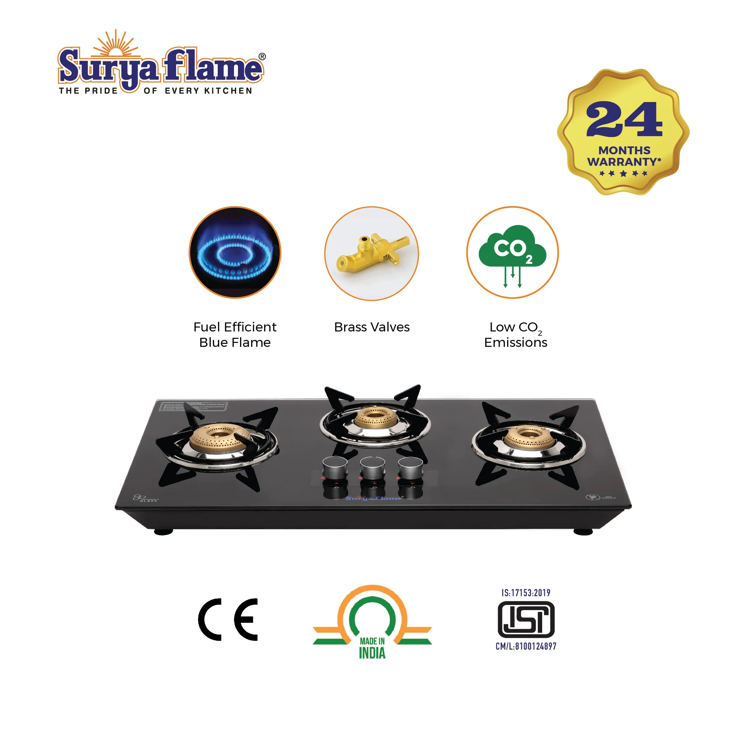 Surya Flame Apollo Round Hob Top | Gas Stove 3 Burners | Manual Glass Stove with Spill Proof Desing & Jumbo Burner | 2 Years Complete Doorstep Warranty - Black (3B APOLLO ROUND)