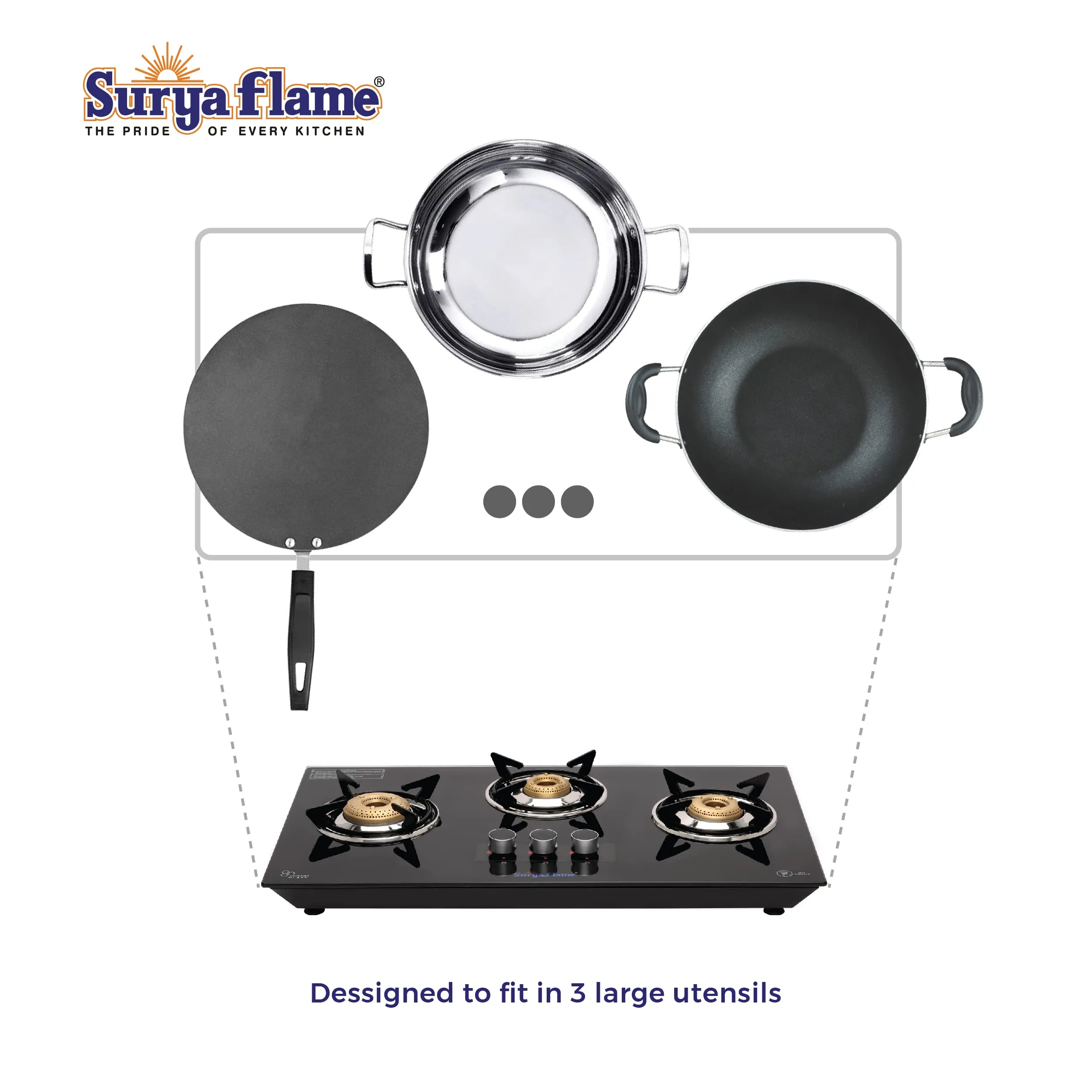 Surya Flame Apollo Round Hob Top | Gas Stove 3 Burners | Manual Glass Stove with Spill Proof Desing & Jumbo Burner | 2 Years Complete Doorstep Warranty - Black (3B APOLLO ROUND)