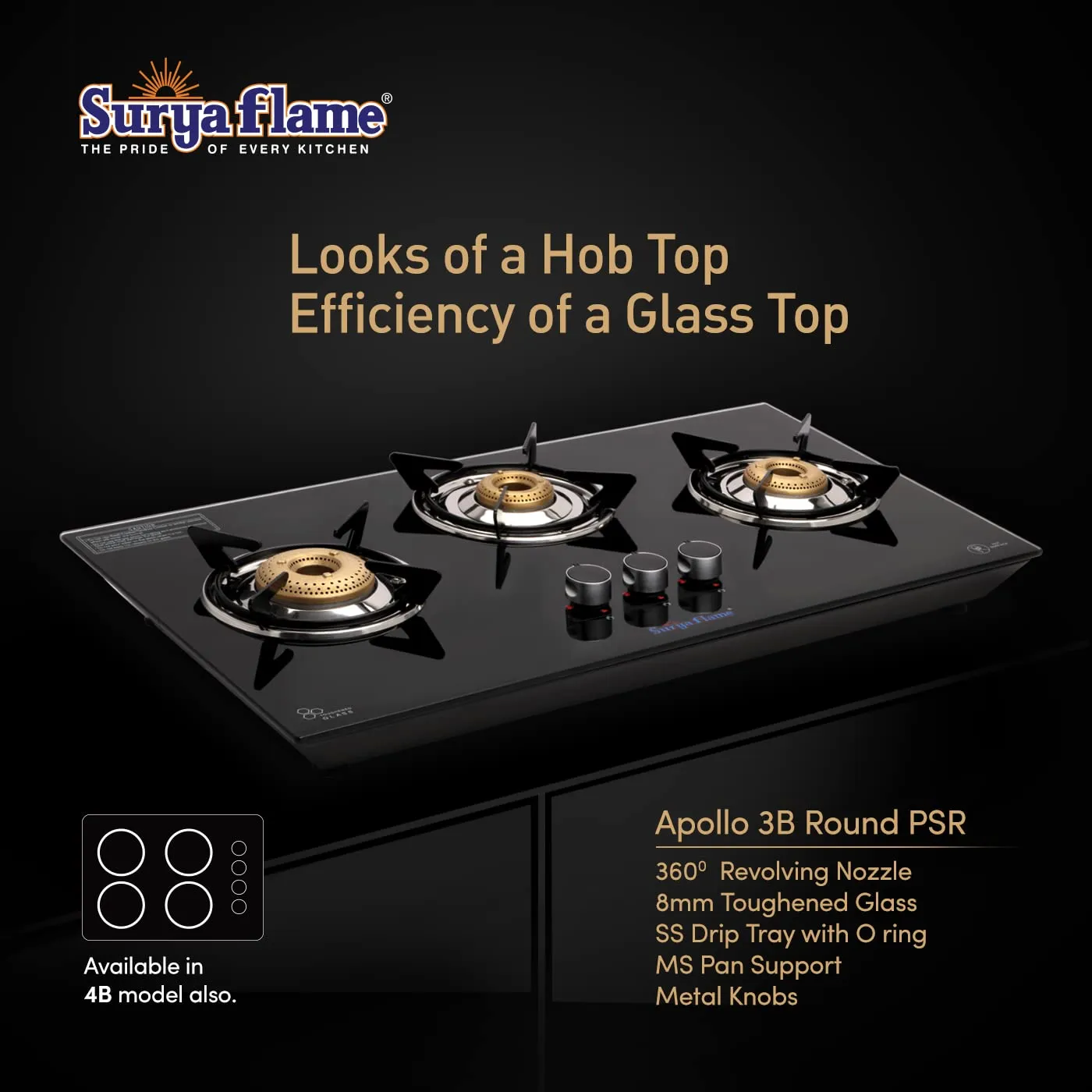 Surya Flame Apollo Round Hob Top | Gas Stove 3 Burners | Manual Glass Stove with Spill Proof Desing & Jumbo Burner | 2 Years Complete Doorstep Warranty - Black (3B APOLLO ROUND)